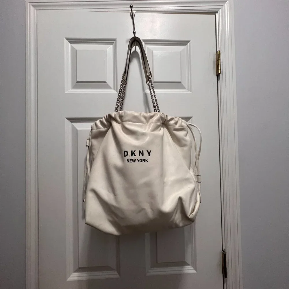 DKNY New York Alex Drawstring Leather Large Tote Bag, White